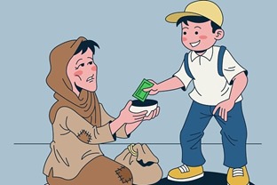 ilustrasi seorang anak sedang bersedekah kepada pengemis (freepik.com - almuhtada.org)