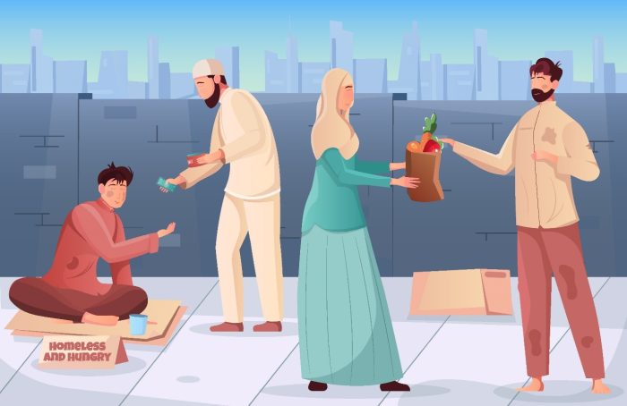 ilustrasi orang yang sedang berbagi zakat kepada orang yang berhak menerimanya (freepik.com- almuhtada.org)