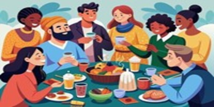 Ilustrasi gambar orang-orang yang sedang makan bersama (Pinterest.com - almuhtada.org)