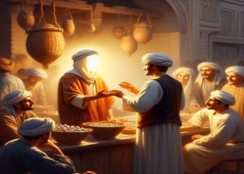 Ilustrasi Rasulullah SAW berdagang dengan jujur di pasar Makkah (Image Creator Bing Ai- almuhtada.org)