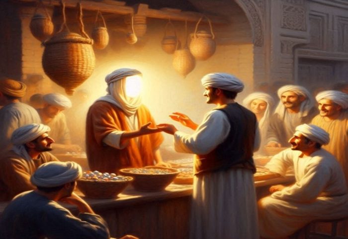 Ilustrasi Rasulullah SAW berdagang dengan jujur di pasar Makkah (Image Creator Bing Ai- almuhtada.org)