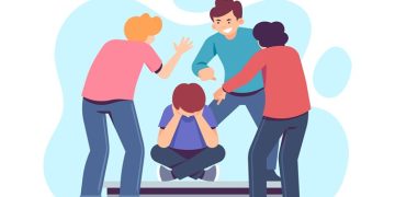 Ilustrasi sekelompok orang yang sedang merundung dan menghardik orang yang lebih lemah dari mereka (freepik.com -almuhtada.org)