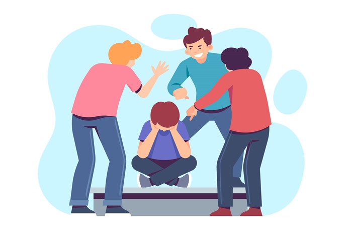 Ilustrasi sekelompok orang yang sedang merundung dan menghardik orang yang lebih lemah dari mereka (freepik.com -almuhtada.org)
