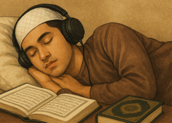 Ilustrasi mendengarkan murottal sebelum tidur. (chat gpt.com - almuhtada.org)