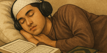 Ilustrasi mendengarkan murottal sebelum tidur. (chat gpt.com - almuhtada.org)