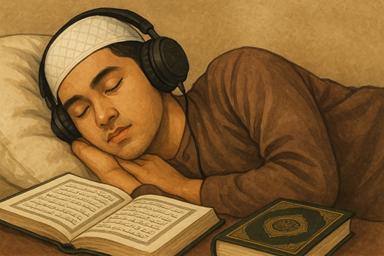 Ilustrasi mendengarkan murottal sebelum tidur. (chat gpt.com - almuhtada.org)